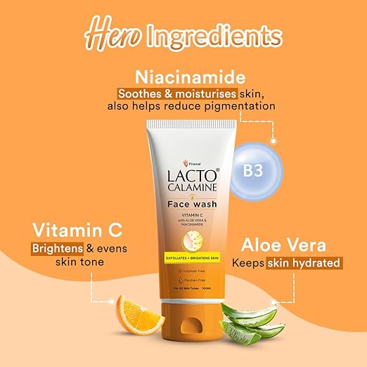 Lacto Calamine Vitamin C Face Wash | Pack of 1 x 100ml | Aloe Vera & Niacinamide Face Wash for Glowing Skin | Facewash that Exfoliates Skin & Reduces Pigmentation | No Parabens, No Sulphates - Image 3